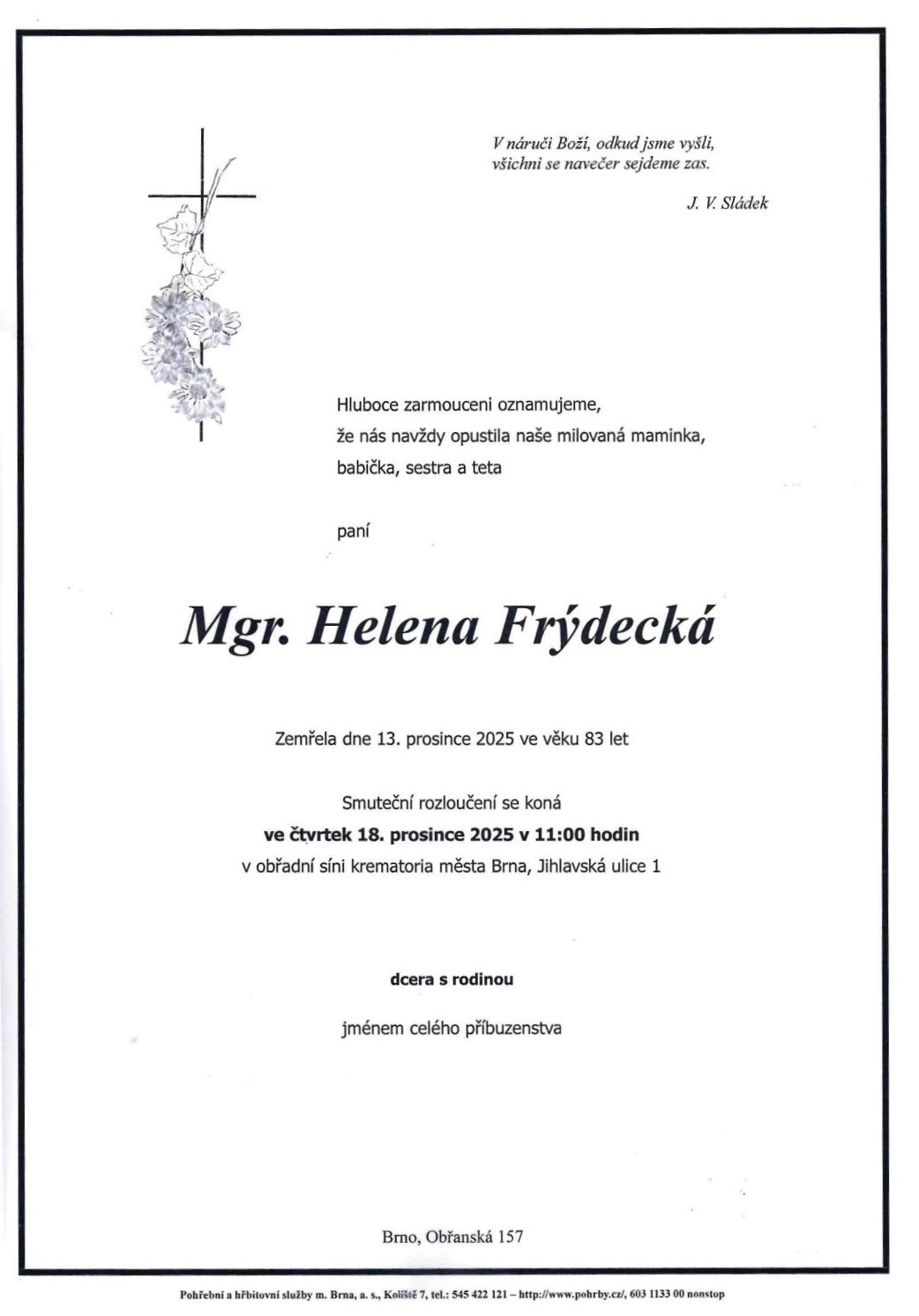 Smuteční oznámení k úmrtí Mgr. Heleny frýdecké